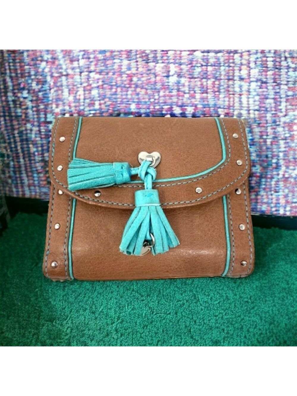 NEW Lovcat Brown Leather and Teal Tassle Trifold Wallet